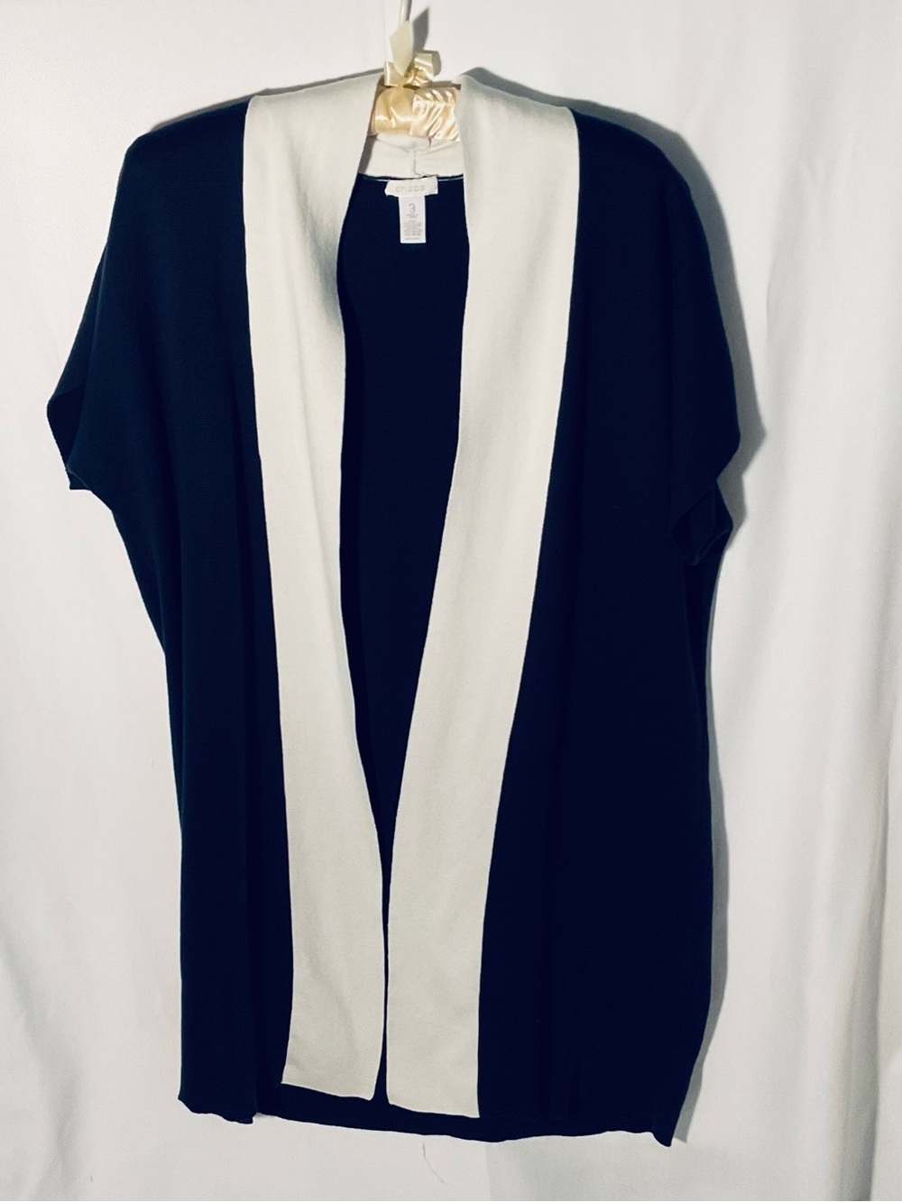 Chico's Navy Open-Front Long Cardigan with White Trim